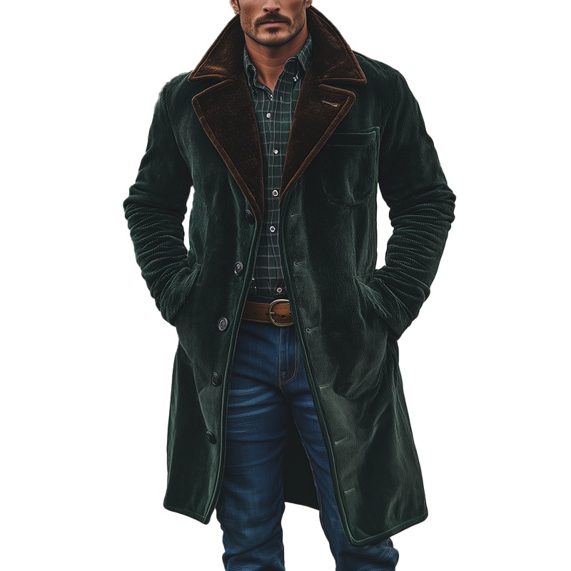 Men’s Winter Retro Color-blocked Corduroy Long Button Coat MTA0595K4P Dark Green