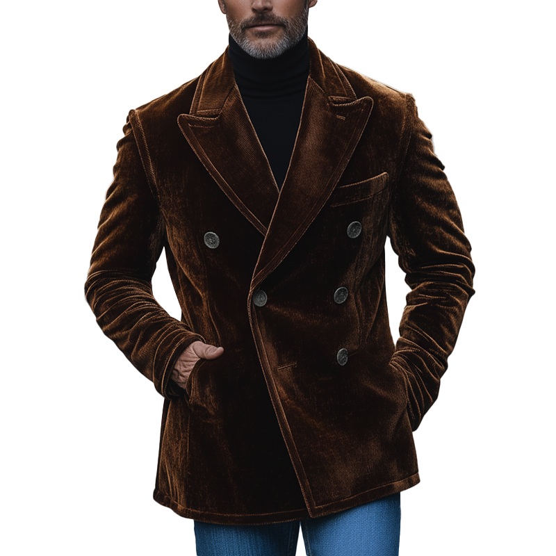 Men’s Winter Retro Glossy Velvet Double-Breasted Lapel Jacket MTA0453K0P Brown