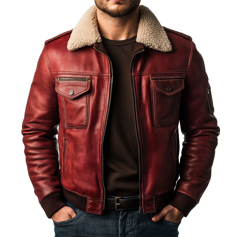 Men’s Winter Retro PU Faux Fur Collar Zipper Jacket MTA0524K5P Red