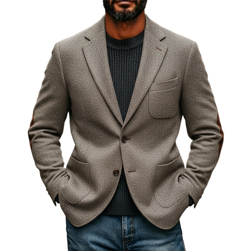 Men’s Blended Fabric Patchwork Elbow-style Faux Suede Lapel Blazer MTA0637K4X Light Gray