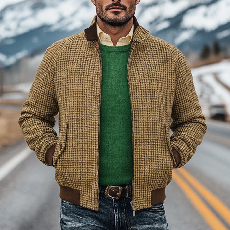 Men’s Retro Houndstooth Stand Collar Zip-Up Jacket MTA0646K6X Light khaki