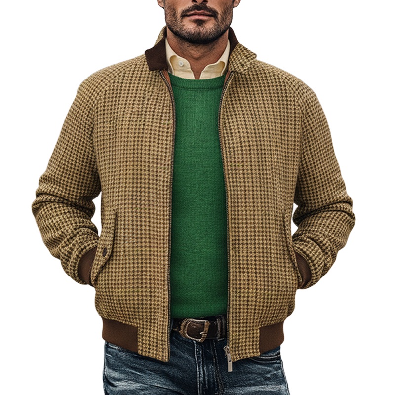 Men’s Retro Houndstooth Stand Collar Zip-Up Jacket MTA0646K6X Light khaki