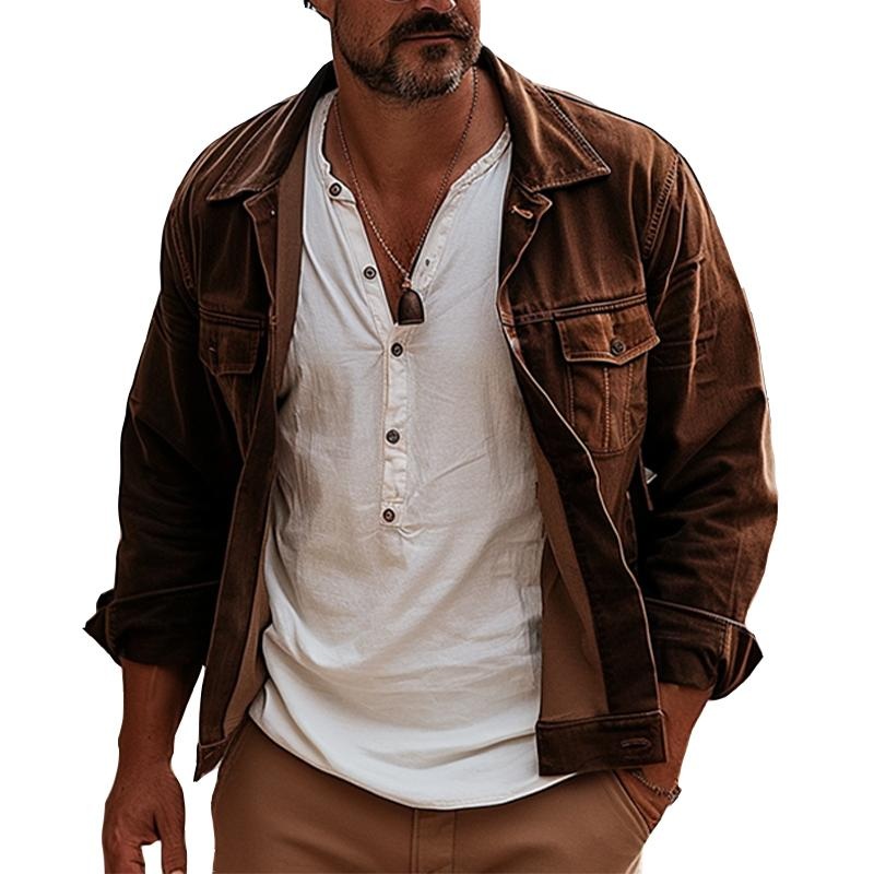 Men’s Vintage Casual Solid Pocket Jacket 67639005TO Brown