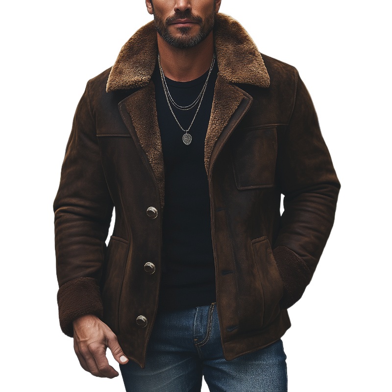 Men’s Winter Suede Thickened Lambswool Lined Button-Up Jacket MTA0522K0U Coffee
