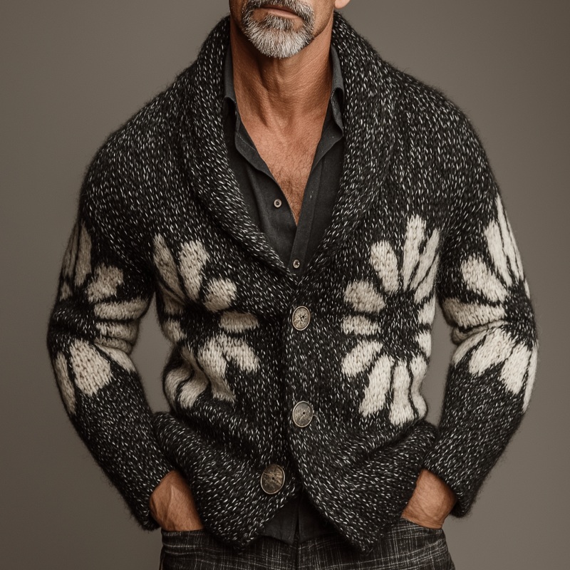 Men’s Retro Casual Daisy Color Block Button Cardigan MTA0649K4TO Black