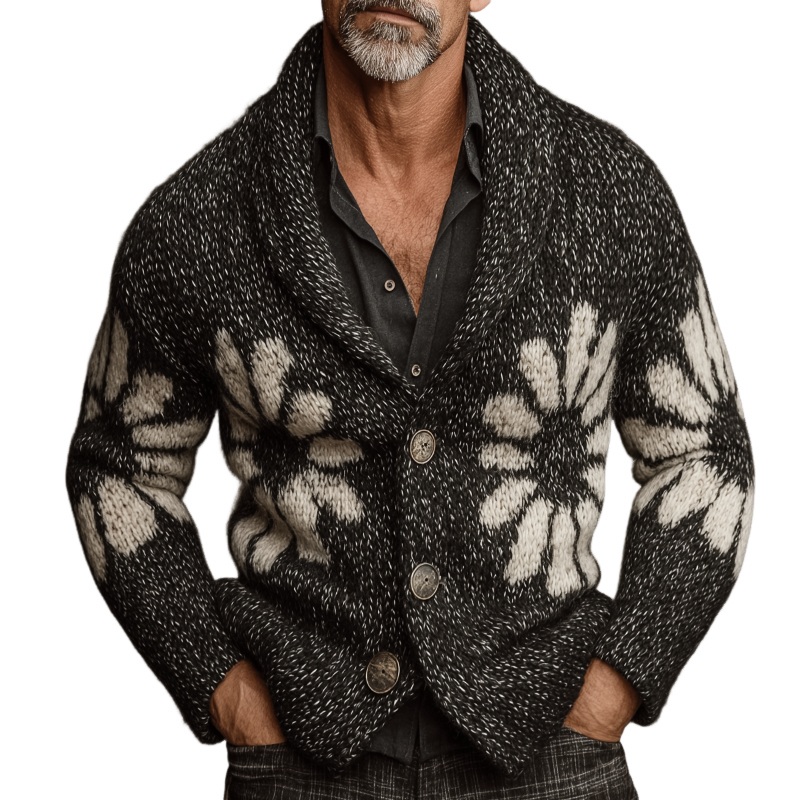 Men’s Retro Casual Daisy Color Block Button Cardigan MTA0649K4TO Black