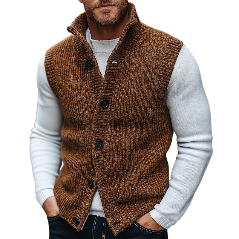 Men’s Retro Casual Knitted Stand Collar Button Vest MTA0477K2TO Brown
