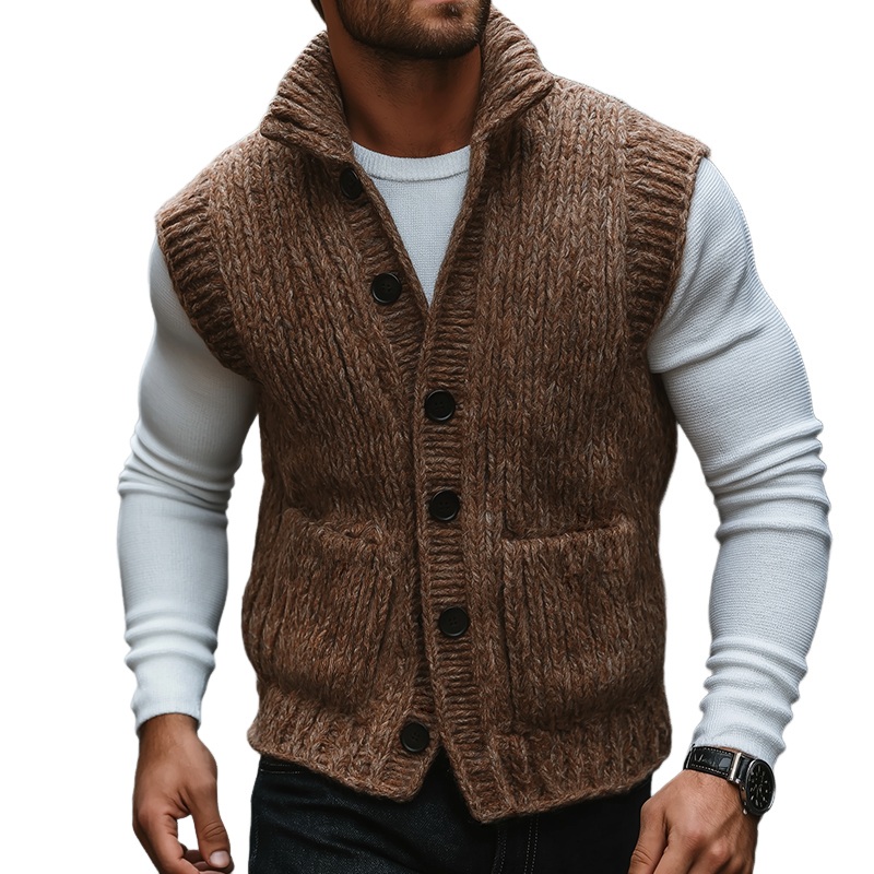 Men’s Retro Casual Knitted Stand Collar Button Vest MTA0496K7TO Brown