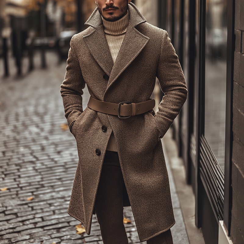 Men’s Retro Casual Tweed Belt Single-Breasted Long Coat MTA0645K4TO Brown