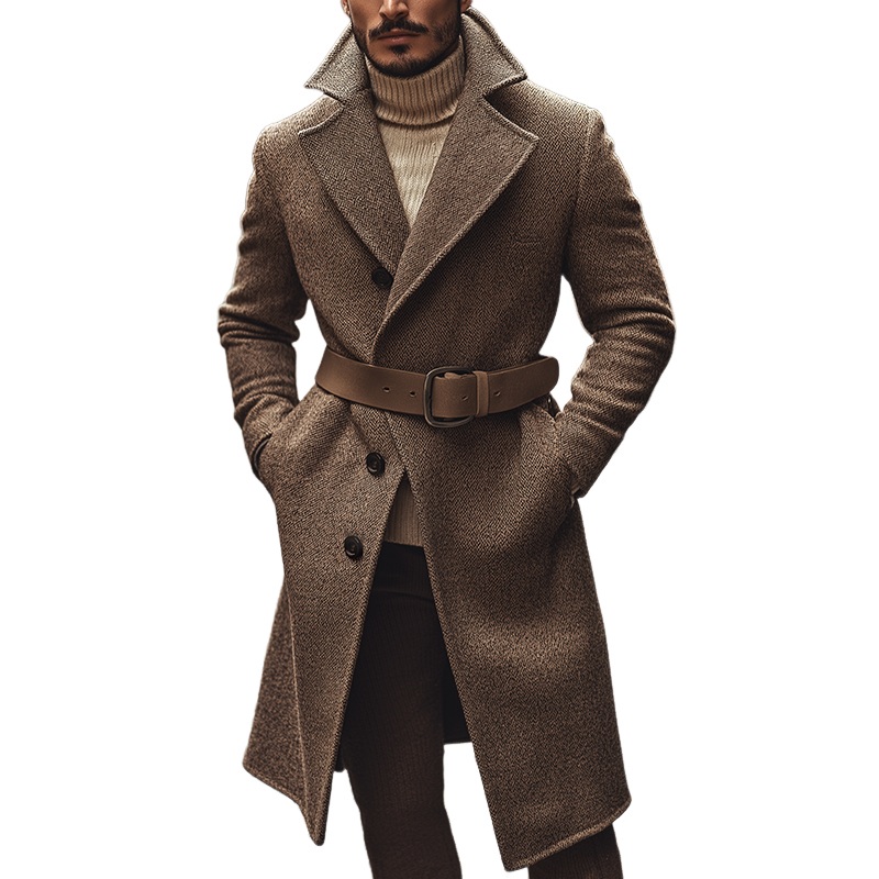 Men’s Retro Casual Tweed Belt Single-Breasted Long Coat MTA0645K4TO Brown