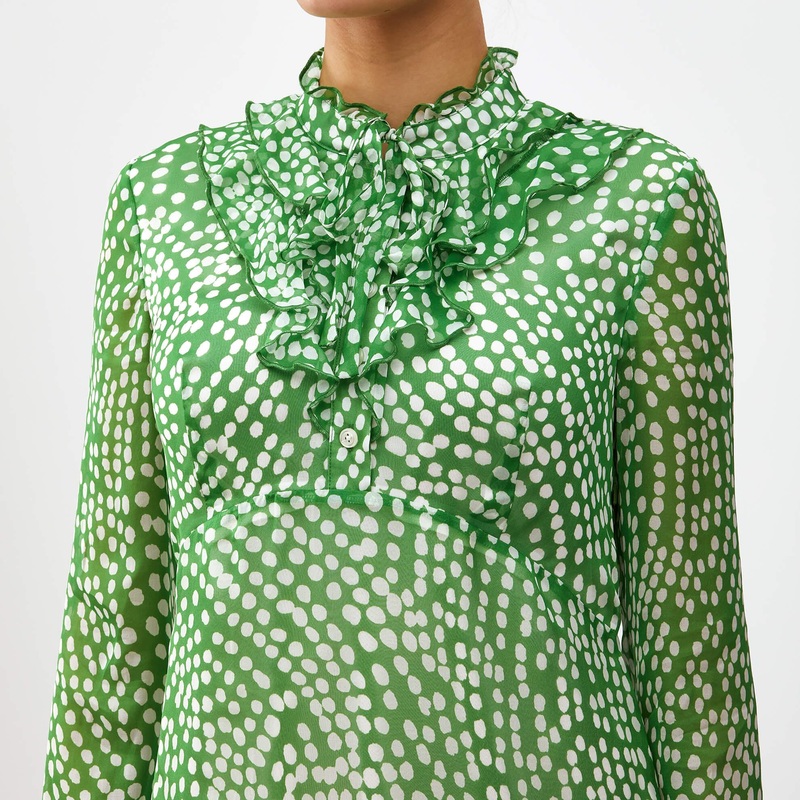 Mrs. Post’s Ruffle Neck Dress Green White Dot