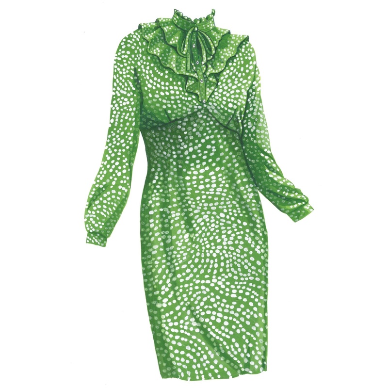 Mrs. Post’s Ruffle Neck Dress Green White Dot