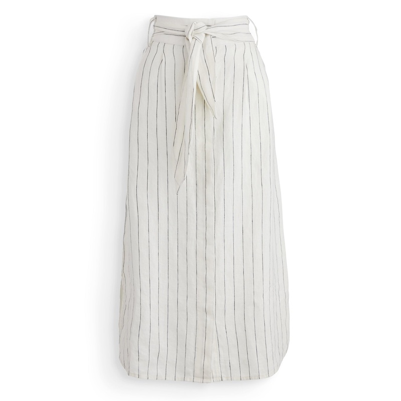 Linen Button Front Skirt Cream Black Stripe
