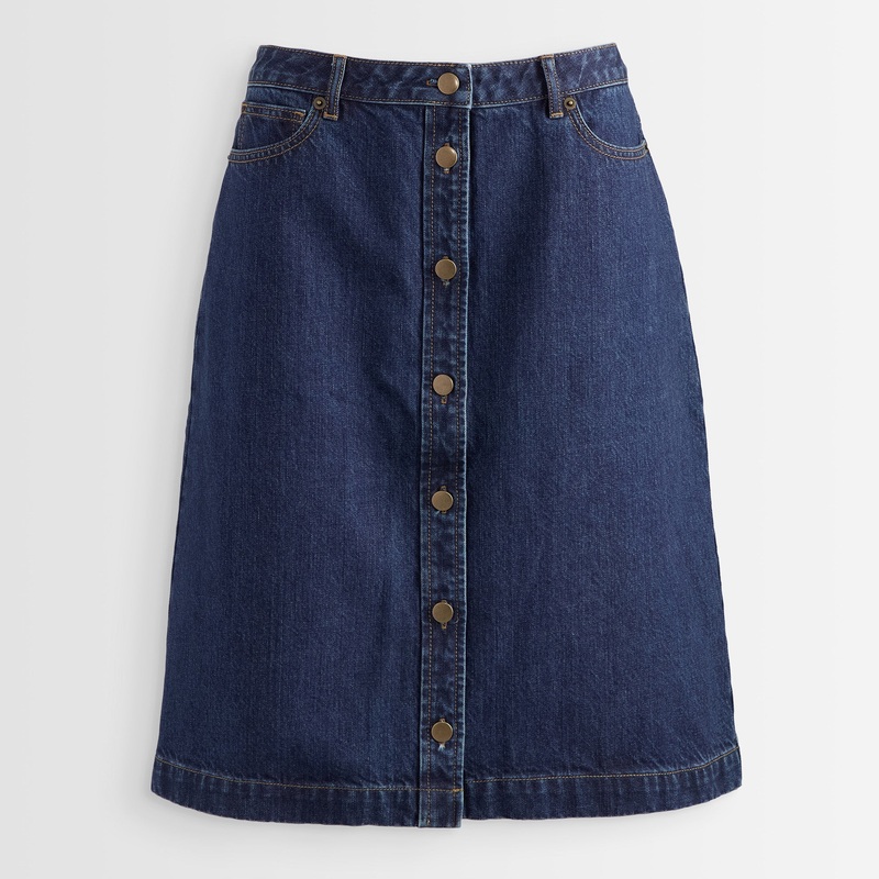 Button Front Denim Skirt Washed Navy