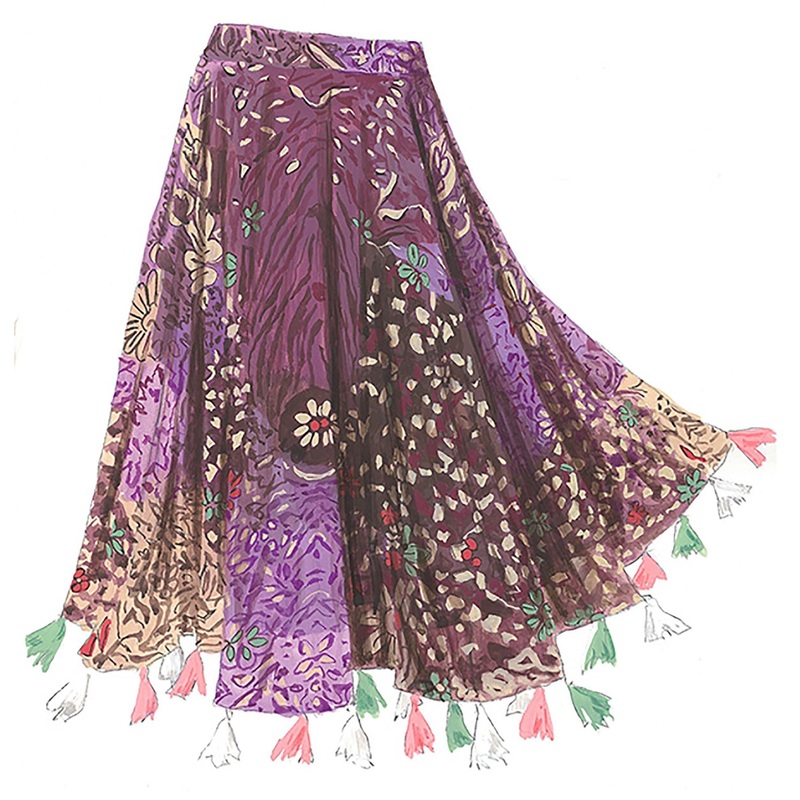 Tassel Hem Skirt Purple Print