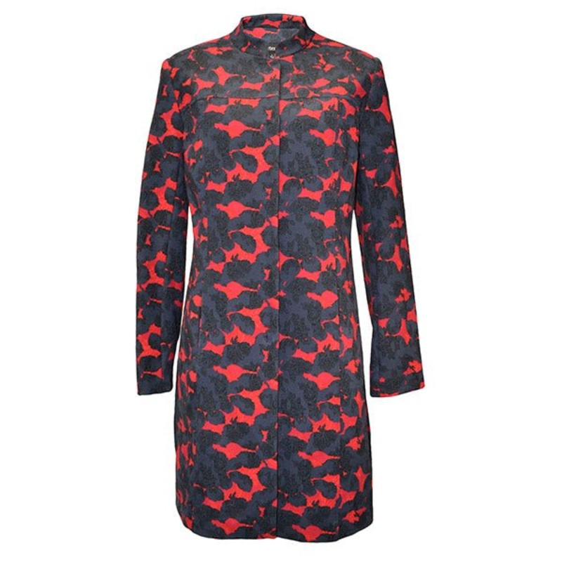 Mandarin Collar Coat Navy Red Floral