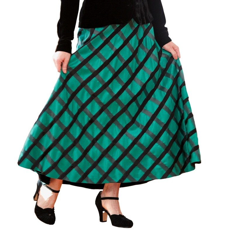 Windowpane Plaid Silk Taffeta Skirt Red Black Plaid