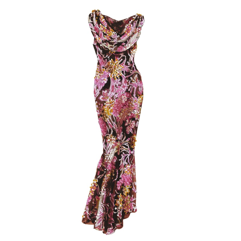 Art Deco Cowl Neck Dress Purple Multi