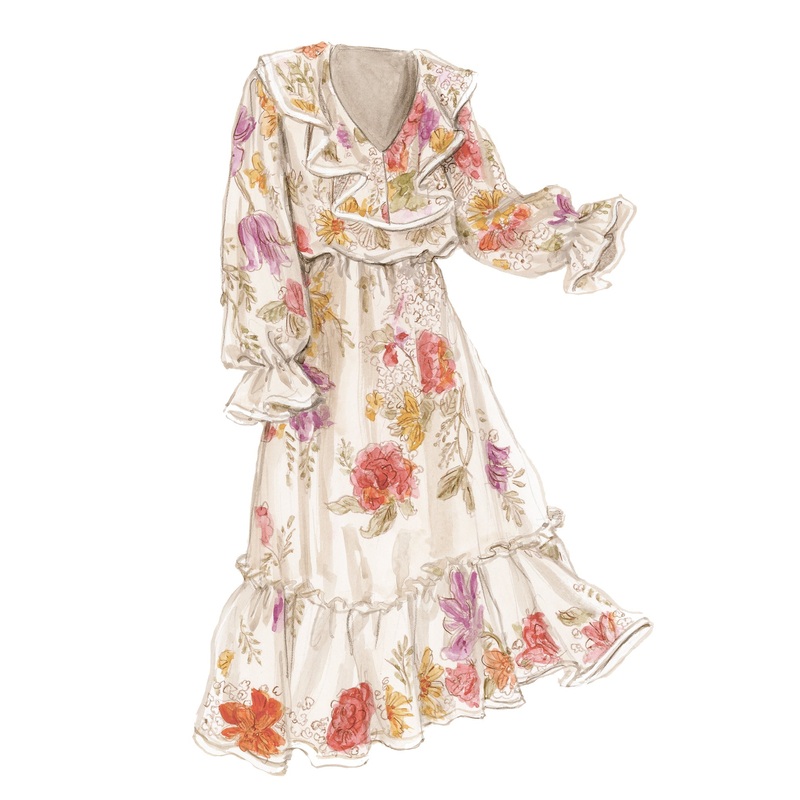 Chiffon Ruffle Dress Ivory Floral