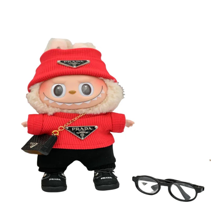 Pop Mart 17cm Labubu Doll Clothes  Luxury PRADA-Inspired Fashion Outfit 6-Piece Set  Fits Gen 1/2/3 (Clothes Only, Doll Not Included)-09 Red table tennis set 6 pieces