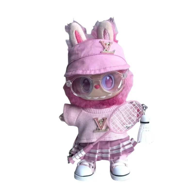 Pop Mart 17cm Labubu Doll Clothes  Trendy Pink Badminton Outfit 7-Piece Set  Fits Gen 1/2/3 (Doll Not Included)-02 Pink  (6-Piece Set)