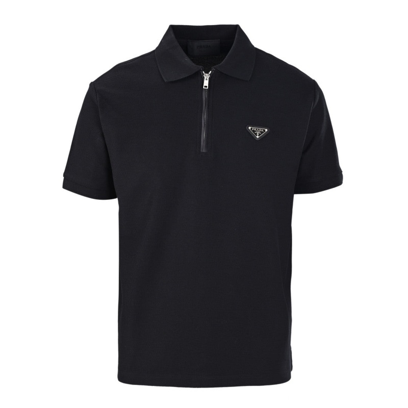 Prada PRD Triangle Logo Zip Polo Shirt  Premium Piqu Cotton Short Sleeve