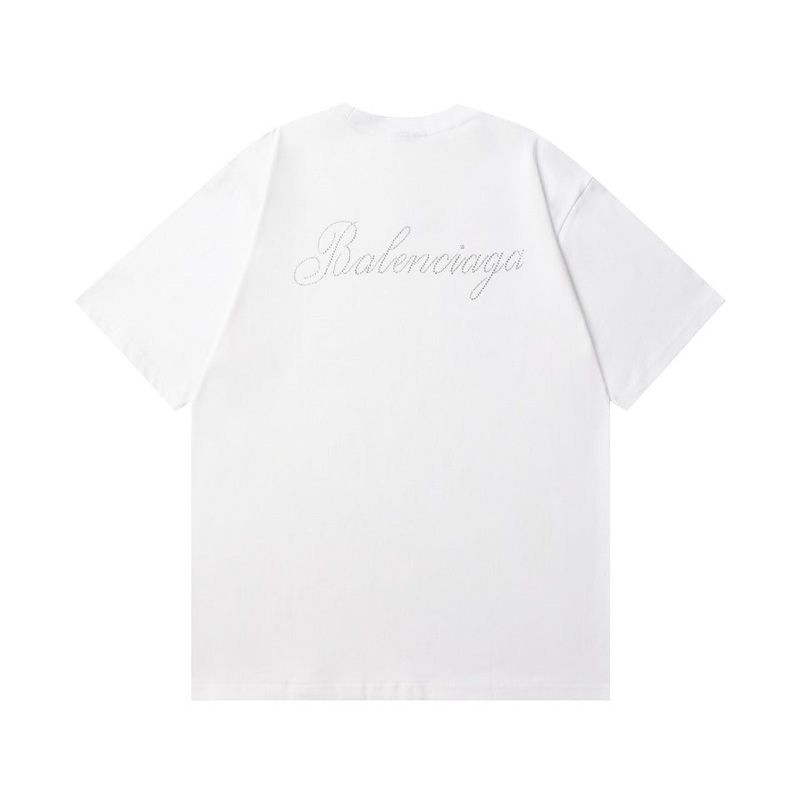 BALENCIAGA 2024 SS Floral Letter Rhinestone Logo T-Shirt  350g Cotton (Black/White, Unisex)
