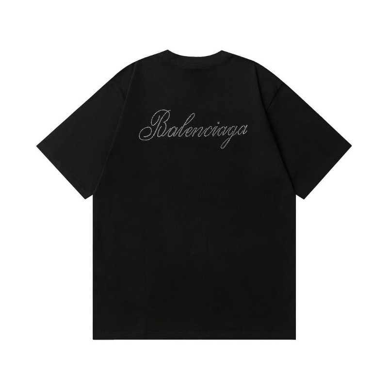 BALENCIAGA 2024 SS Floral Paris Rhinestone Logo T-Shirt  350g Premium Cotton (Black/White, XSL)