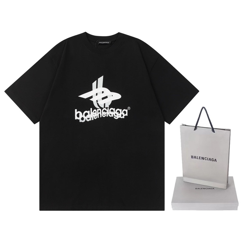 BALENCIAGA 23SS Overlapping Logo Print T-Shirt  350g Premium Cotton | Unisex Oversized Fit (Black/White, XSL)