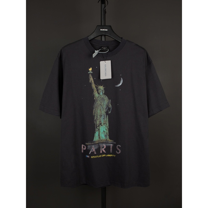 BALENCIAGA Oversized Statue of Liberty Distressed Embroidered T-Shirt (XSL)