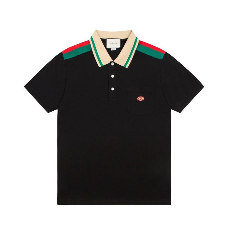 GUCCI 2025 New Season Polo Shirt GG Embroidery Pocket, Contrast Collar, Black (M3XL)
