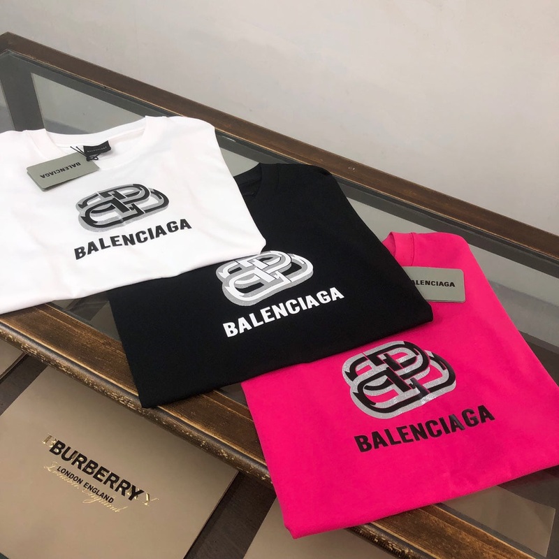 BALENCIAGA 25SS Logo Print Crewneck T-Shirt – Black / White / Rose Red – Unisex – XS / S / M / L