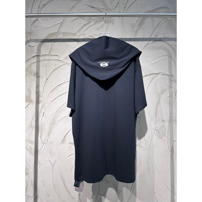 BALENCIAGA Layered Oversized Hoodie T-Shirt with Embroidered Logo Black/Grey (Size 14)