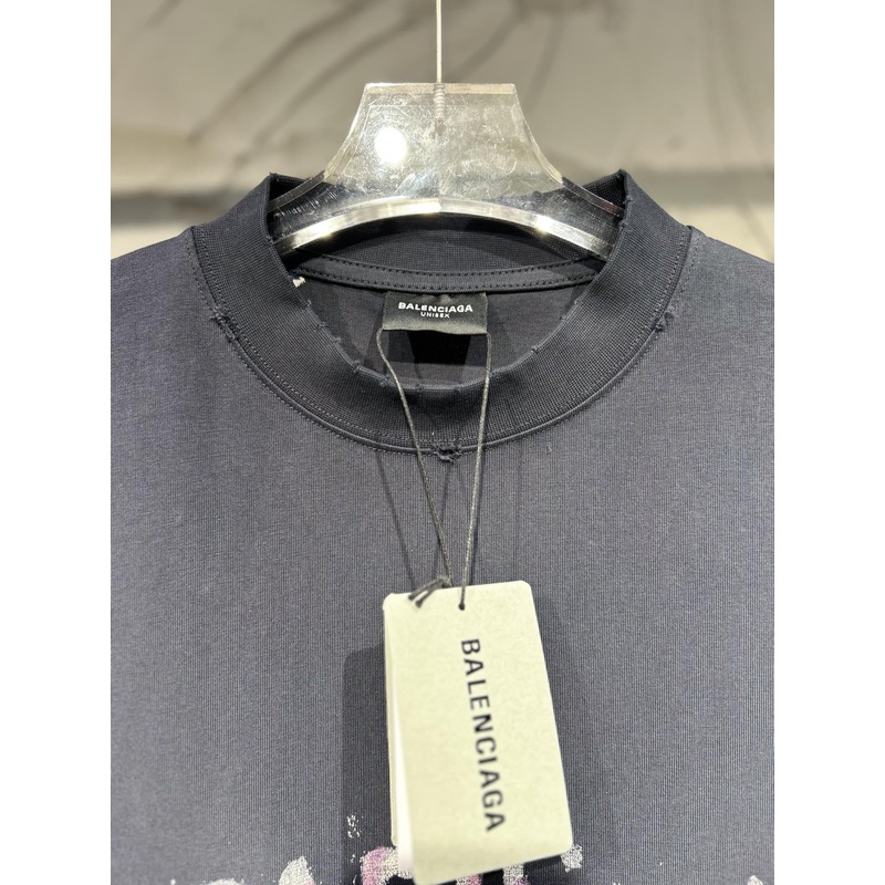 BALENCIAGA New Fashion Designer Distressed Oversized T-Shirt Blue-Black Unisex Sizes 1-4
