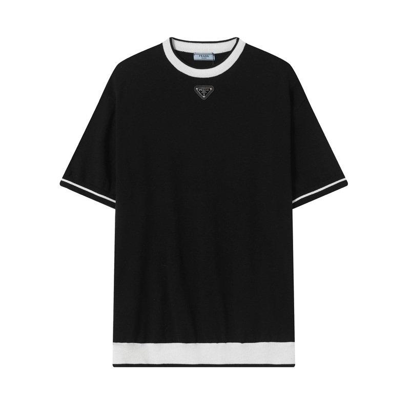 PRADA Knit Crewneck T-Shirt with Signature Metal Triangle Logo | XSL