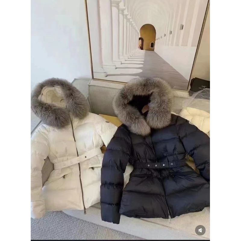 MONCLER Boed Down Coat with Detachable Fox Fur Collar & Waist Belt | Black | Size 14