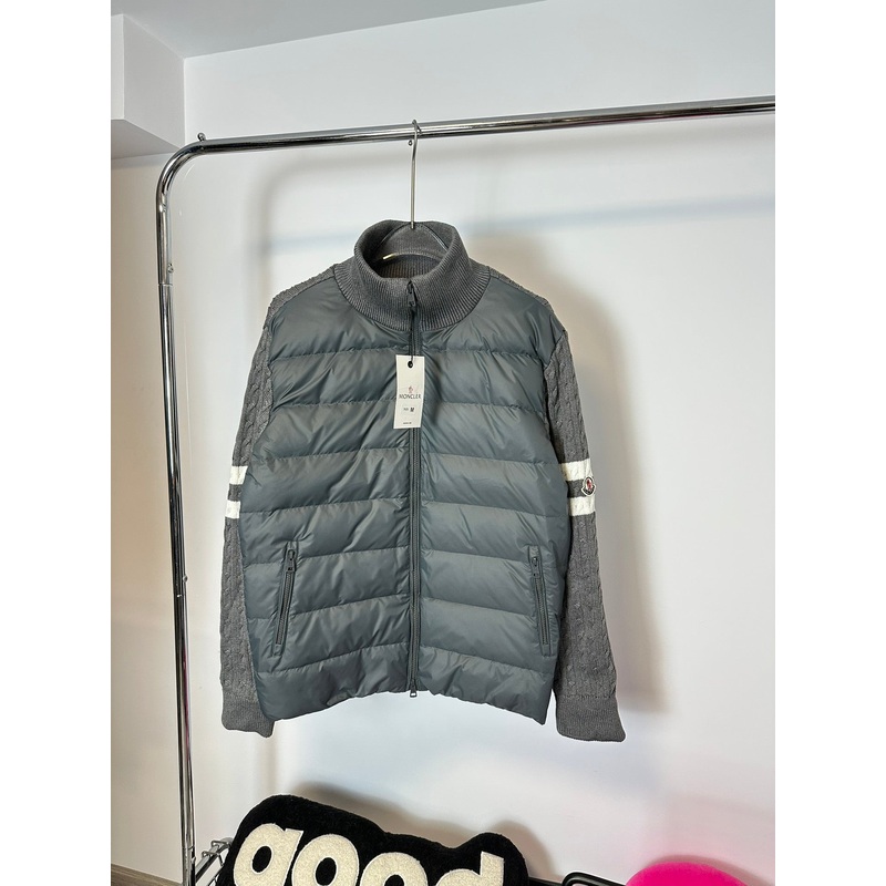 MONCLER Knit-Panel Stand Collar Down Jacket | HMY37# | Black / Grey | Size 14