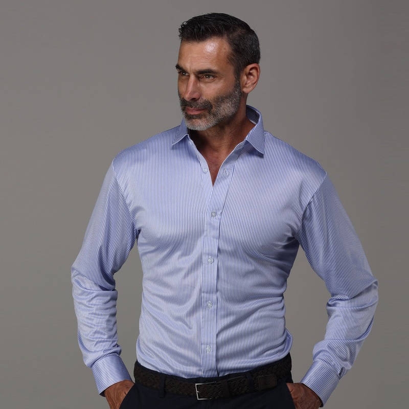Quattro Flex Dress Shirt with Semi-Spread Collar Regent Blue Stripe