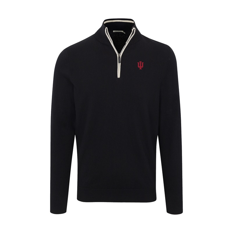 Indiana Black with White Trim Luxury Touch Cotton and Cashmere Quarter Zip Sweater