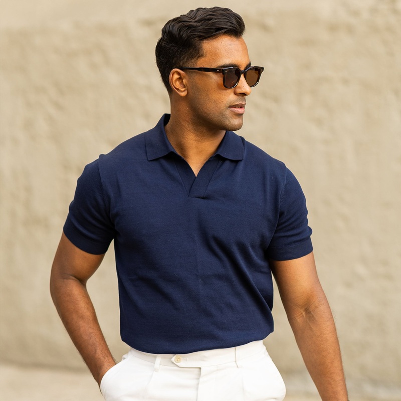 The Maranello Cotton & Silk Buttonless Polo Navy – Tailored Fit