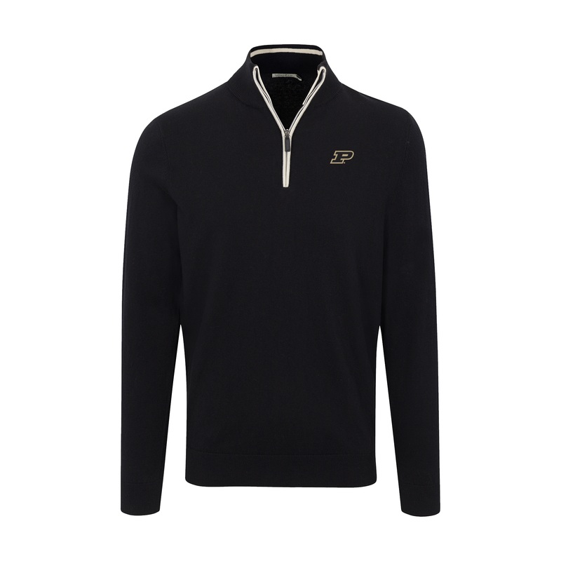 Purdue Black with White Trim Luxury Touch Cotton and Cashmere Quarter Zip Sweater