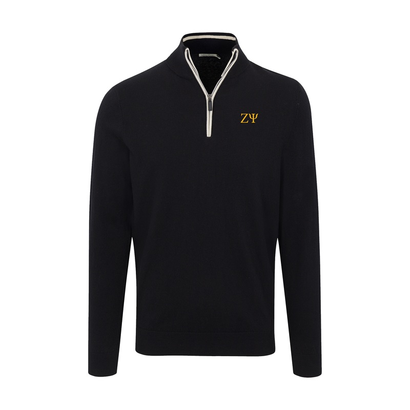 Zeta Psi Black with White Trim Luxury Touch Cotton and Cashmere Quarter Zip Sweater