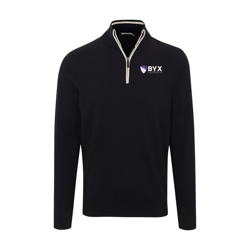 Beta Upsilon Chi Black with White Trim Luxury Touch Cotton and Cashmere Quarter Zip Sweater