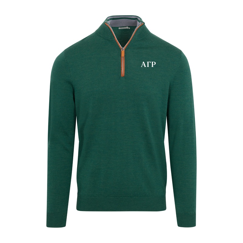 Alpha Gamma Rho Hunter Green with Brown Suede Trim Cashmere Touch Australian Merino Quarter Zip Sweater