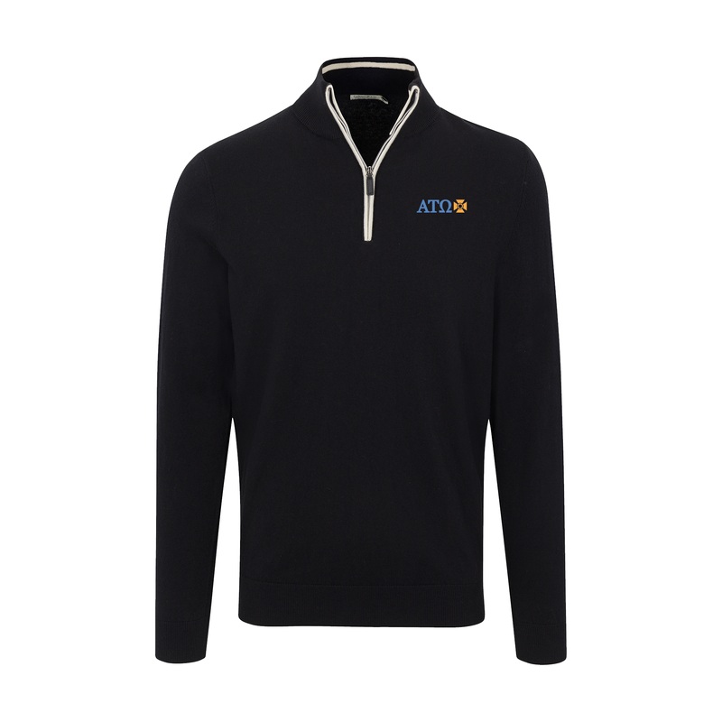 Alpha Tau Omega Black with White Trim Luxury Touch Cotton and Cashmere Quarter Zip Sweater