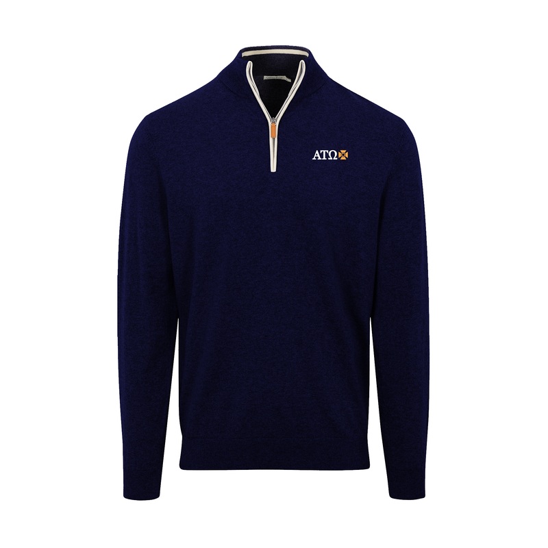 Alpha Tau Omega Navy with White Trim Luxury Touch Cotton and Cashmere Quarter Zip Sweater