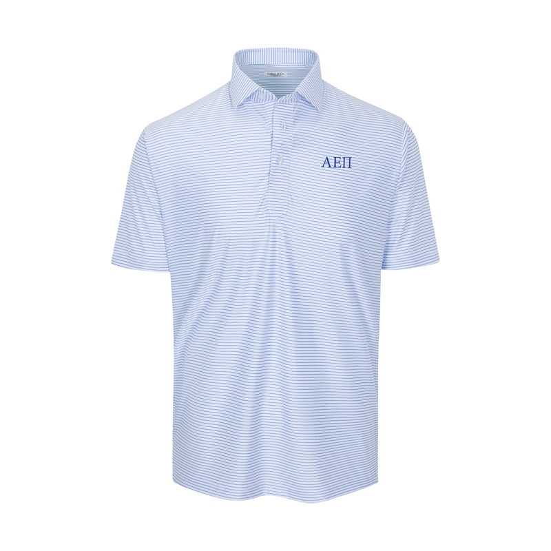 Alpha Epsilon Pi Featherweight Flex Polo Camden White with Blue Stripe