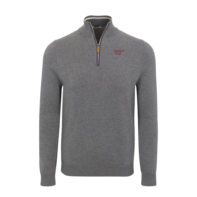 Virginia Tech Grey with Grey Trim Luxury Touch Cotton and Cashmere Quarter Zip Sweater