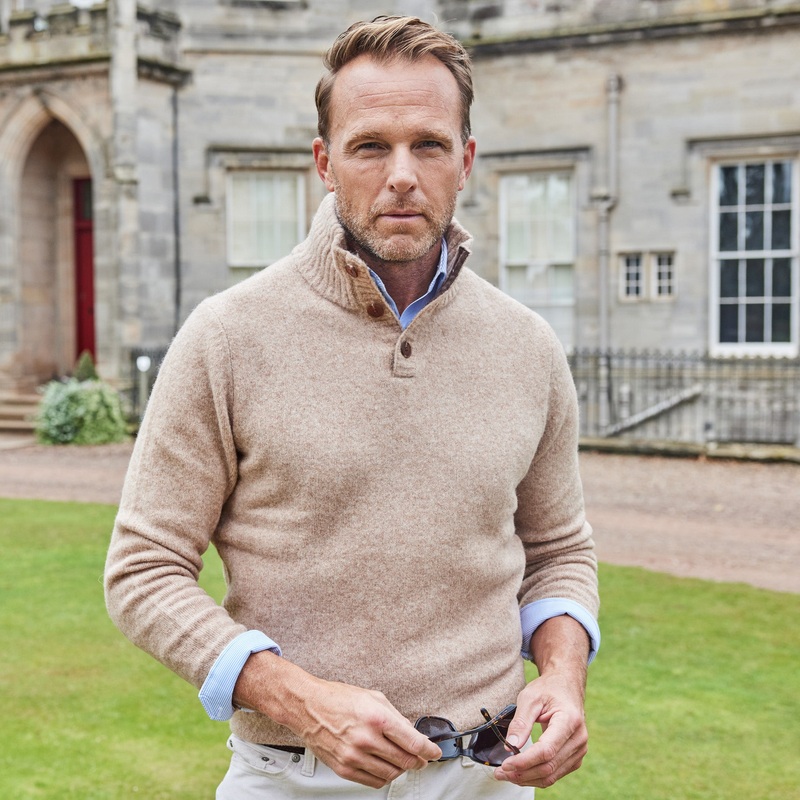 Balmoral Three Button Wool Sweater Camel