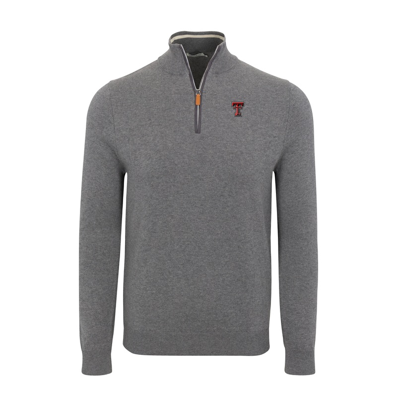 Texas Tech Grey with Grey Trim Luxury Touch Cotton and Cashmere Quarter Zip Sweater